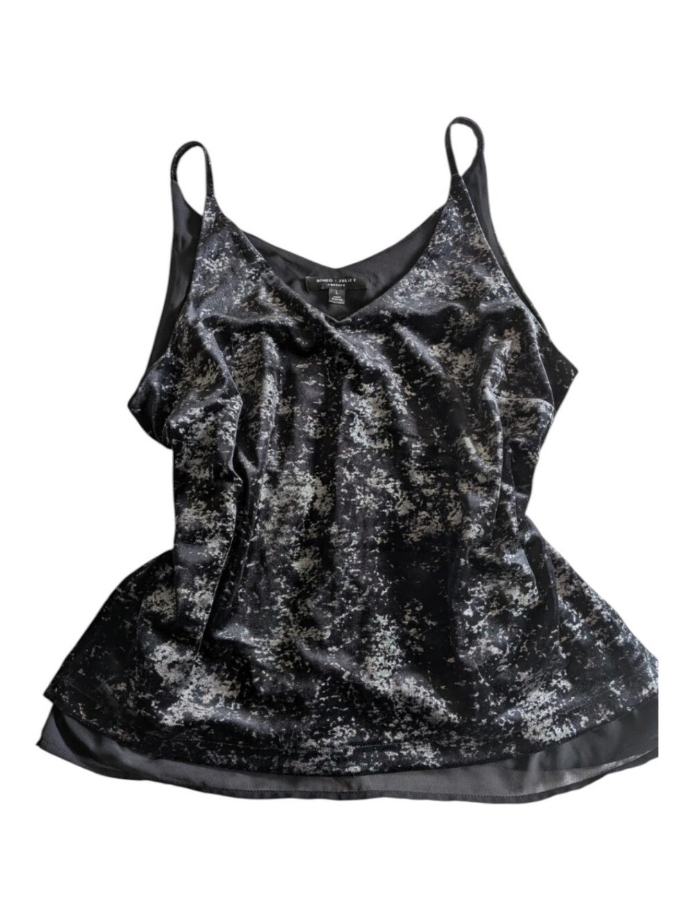 Romeo + Juliet Couture Black Silver Crushed Velvet Chiffon Hem Cami Top Large